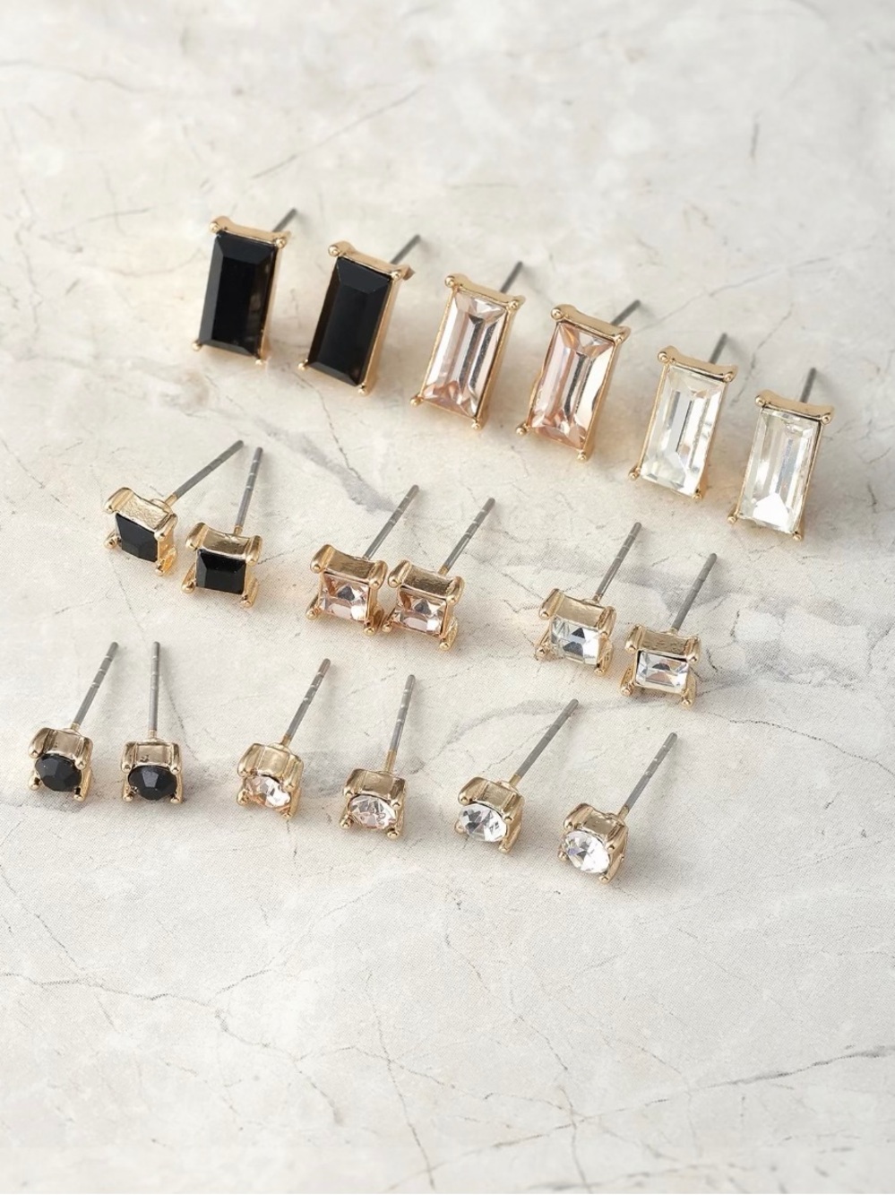 Gold Trim Mixed Stud Earring Set - Black, Clear, Champagne - 9 Pairs - Picture 2 of 3